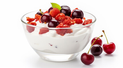Ripe Red Cherries and Luscious Cream Fruit Salad Presented Elegantly Against a White Surface, Evoking Refreshing Flavors and Culinary Delights
