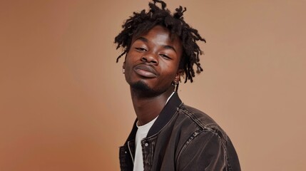 Obraz premium Casual Confidence: Young African American Gen Z male in casual attire, standing against a clean beige background, confidently winking at the camera. Expresses charisma and youthful energy.