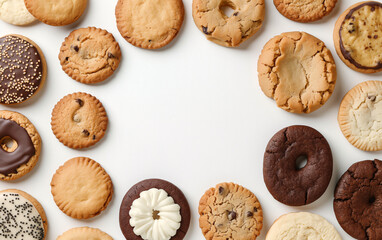 Cookie poster design. A variety of delicious biscuits are placed in a circle with a variety of interesting colors