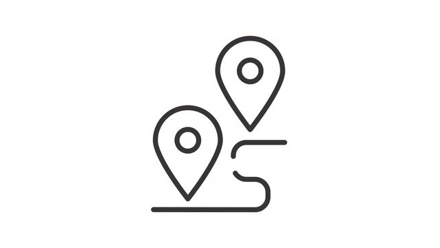 Animated route icon. Road and location pins line animation. Travel planning. Navigation and tracking. Black illustration on white background. HD video with alpha channel. Motion graphic