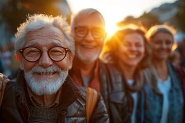 Group of senior people walking together on a city street at sunset.