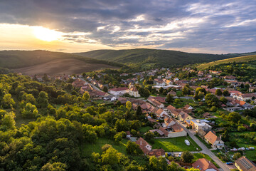 Arerial shot of small village in the south Moravia, Czech republic suring sunset