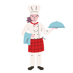 Female chef holding dish. Character in doodle style.