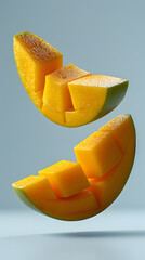 Fresh mango cut in half,  3d style, levitation on white background, commercial photography