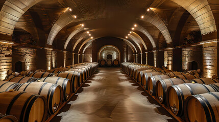A wine cellar in the wine industry with a large number of oak barrels for wine. A large wine cellar with large columns and arches.