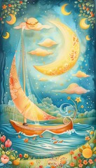 A watercolor painting of a crescent moon with a sleeping face, surrounded by stars and clouds. The moon is casting a warm glow over a body of water, with a small boat floating in the foreground. The b