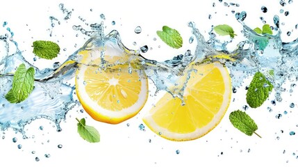  Lemon wedges and mint leaves collide with crystal-clear water, creating an explosion of color and energy. The splashes of water radiate outward