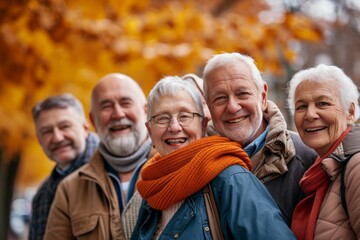 Portrait of a group of seniors standing in the park in autumn