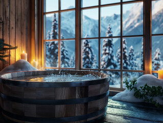 A barrel wooden black bathtub full of water, with warm candlelight, set against the backdrop of Japanese snow mountains and forests