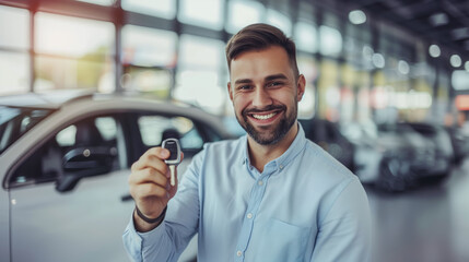 A smiling man holding car keys in a dealership, with new cars in the background, concept of purchasing a vehicle, Generative AI.
