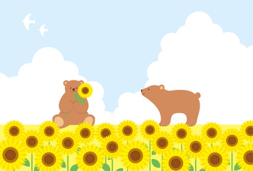 summer vector background with bears and sunflowers on the sky for banners, cards, flyers, social media wallpapers, etc.