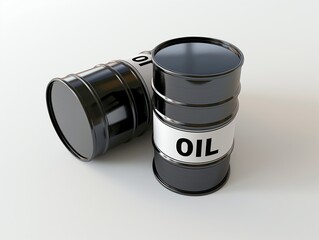 Two black oil barrels with bold 'OIL' label on a clean, light surface, symbolizing energy and industry. - obrazy, fototapety, plakaty