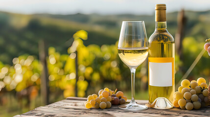 A bottle of white wine and a glass of wine stand on an old table, against the backdrop of the sunset. A bottle and glass of white wine against the backdrop of a vineyard.