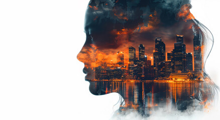 Silhouette of a woman with a double exposure cityscape, vibrant orange tones, on a white background, conveying a concept of urban life. Generative AI - Powered by Adobe