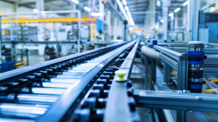 Conveyor belts with products in a factory, photo depicts industrial manufacturing, machinery on a blurred workshop background, concept of automation. Generative AI