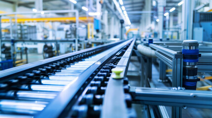 Fototapeta premium Conveyor belts with products in a factory, photo depicts industrial manufacturing, machinery on a blurred workshop background, concept of automation. Generative AI