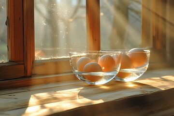 Natural Elegance: Glass Bowls of Eggs in Sunset Light