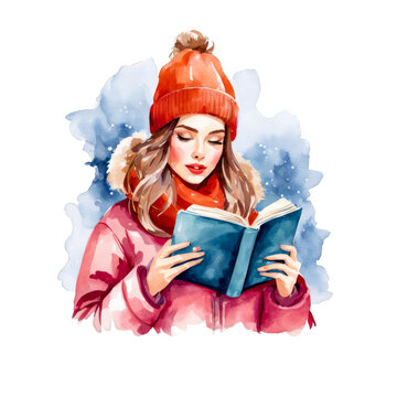 Portrait of woman wearing winter clothing reading a book, beanie hat watercolor illustration clipart, book lover, reader learning girl