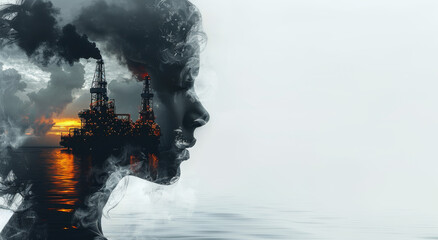 A double exposure portrait of a woman blended with an industrial scene on a gradient background, depicting environmental concept. Generative AI