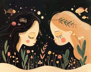 Two girls with long hair, one with dark hair and one with light hair, are shown facing each other with their eyes closed. They are surrounded by flowers and plants, and there are fish and stars in the