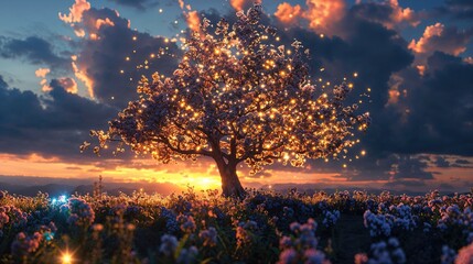 Growth Concept with Beautiful Blossoming Tree. Dramatic Springtime Image.
