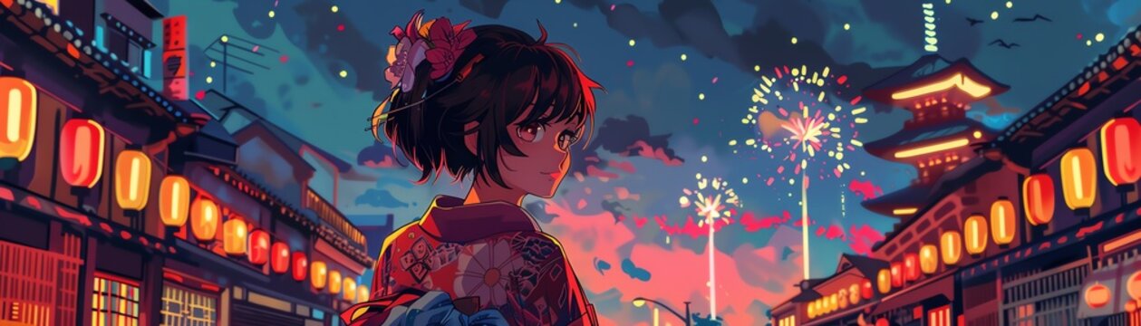 Retro video game style pixel art of a Japanese girl at a festival, wearing a yukata, with fireworks in the background
