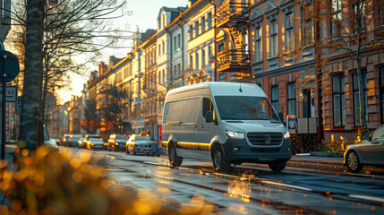 Fototapeta premium White delivery van on the road in the city