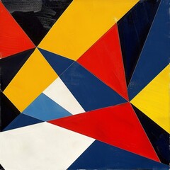 A colorful abstract painting with red, yellow, and blue shapes
