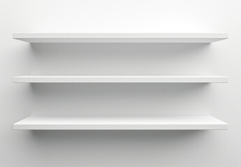 Two empty white shelves on a clean white wall, representing a minimalist retail display. Generative AI