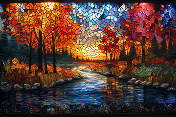   stained glass landscape with trees and river