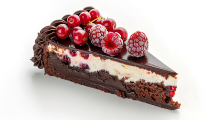 Dessert of chocolate cake with white filling and red berries. Delicious piece of chocolate cake with berries.
