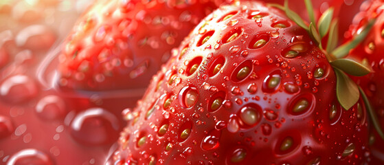 Vector 3D close-up of a juicy ripe strawberry, water droplets and seed details
