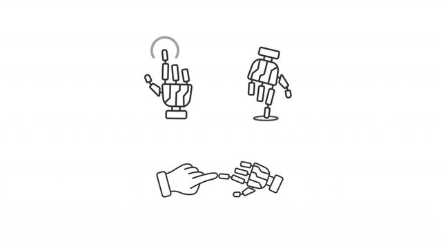 Animated bionic hands icons. AI touches line animation library. Prosthetic implant. Artificial intelligence. Black illustrations on white background. HD video with alpha channel. Motion graphic