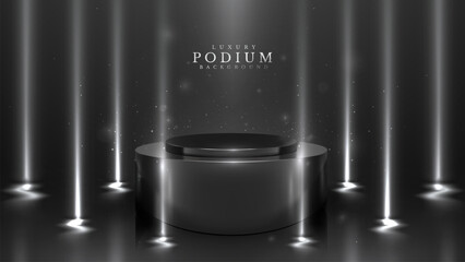 Sleek Black Podium with Spotlight and Sparkling Particles, Luxury Dark Scene Design Concept, Vector Illustration.