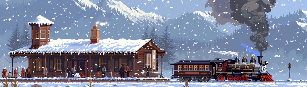 Pixel art snowy train station, passengers in winter attire, steam locomotive