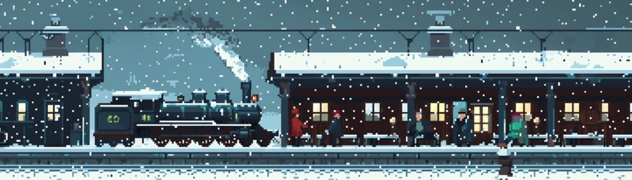 Pixel art snowy train station, passengers in winter attire, steam locomotive