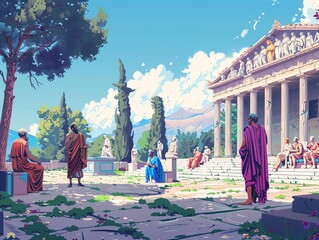 Pixelated ancient Greek agora, philosophers, sculptures, and vibrant togas - obrazy, fototapety, plakaty