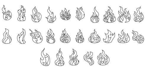 Burning fire outline icons isolated on transparent background.