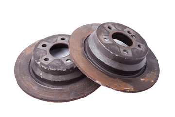 Old rusty brake disc on white background. Auto service industry. Spare parts catalog.