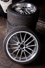 Car alloy wheels with tires for a luxury car.