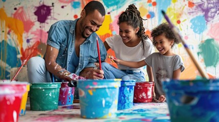 A happy family sharing a fun leisure event, sitting on the floor in front of a colorful wall, with smiles and laughter filling the room. AIG41