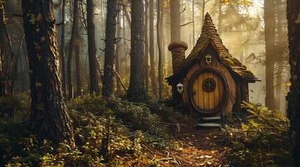 A small house with a thatched roof sits in a forest - obrazy, fototapety, plakaty