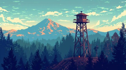 Pixelated forest fire lookout tower, ranger, binoculars, and expansive views