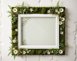 beautiful eco-friendly frame made of grass, flowers and moss, ecology, natural materials. Generated AI