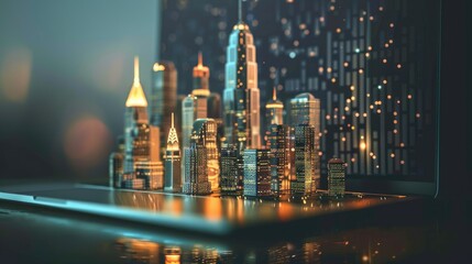 Holographic city skyline emerging from laptop screen