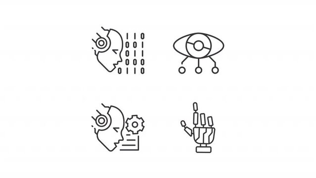 AI tech line animation library. Animated robot parts icons. Programming and surveillance system. Black illustrations on white background. HD video with alpha channel. Motion graphic