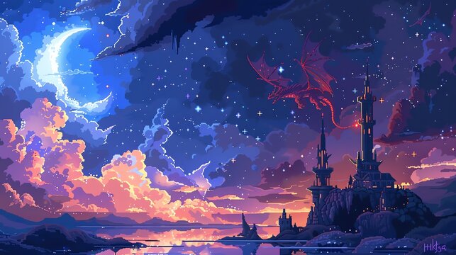 Pixelated fantasy wizard tower, starry sky, magic spells, and a soaring dragon