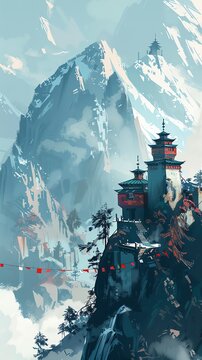 Pixelated mountain monastery, monks, prayer flags, and misty peaks