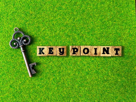 芝生の背景に置かれたアンティークな鍵の横に並んだ四角のキューブに書かれたKEY POINTの文字