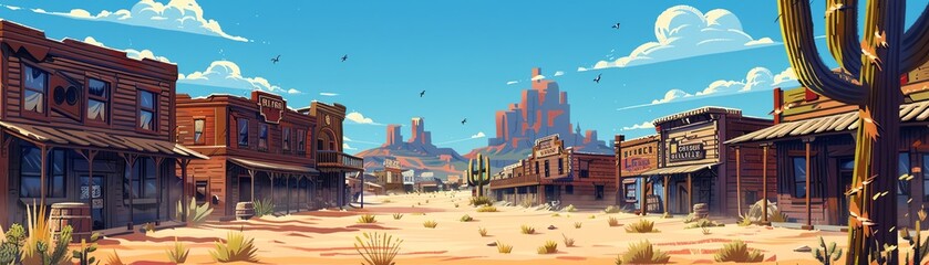 Pixelated wild west ghost town, tumbleweeds, dusty roads, and abandoned saloons